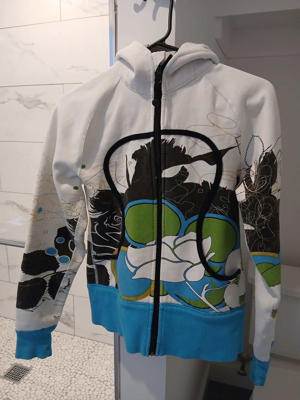 lululemon athletica RARE White Hoodie with Blue and Green Artistic Design